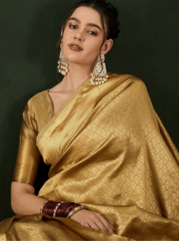 Golden Printed Woven Design Saree With Blouse Piece
