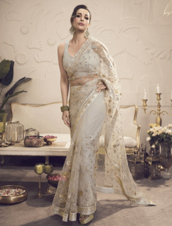 Ash Colored Gold Embellished Sequinned Net Saree