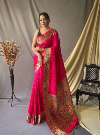 Pink & Gold-Toned Ethnic Motif Woven Design Zari Paithani Saree