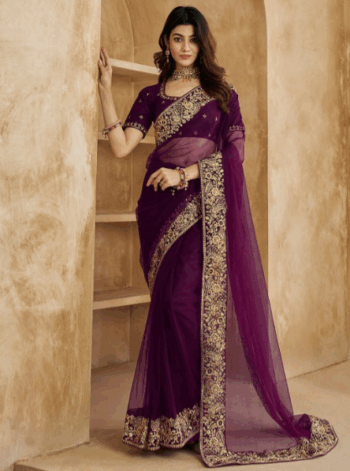 Floral Sequins and Thread Embroidered Saree with Blouse Piece