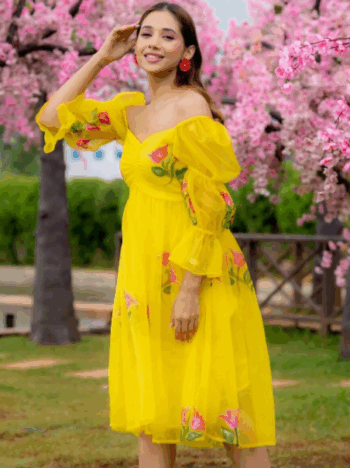 Floral Printed Off-Shoulder Puff Sleeves Gathered Empire Dress