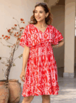 Abstract Printed Flared Sleeve V-Neck Fit & Flare Dress