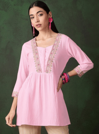Floral Thread Work Embroidered A-Line Short Kurti