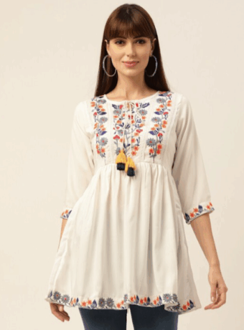 White Floral Embroidered Pure Cotton Short Kurti